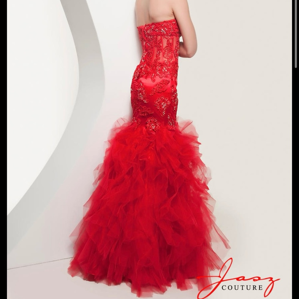 Jasz Couture 4920 Red Mermaid Dress with Custom Sleeves - Picture 4 of 6